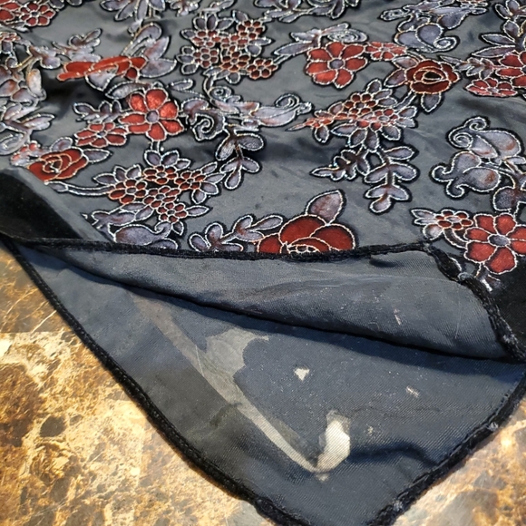 Vintage Black Red Velvet Silk Floral Scarf Wrap Sheer 60 Inch Women's - Picture 8 of 8